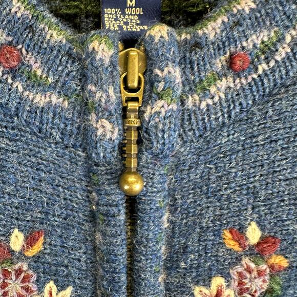Newton Trading Co Blue Floral Shetland Wool Zip Sweater Womens Medium Grandma - Picture 6 of 16